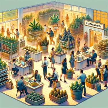 Create an image that illustrates the dynamic and challenging world of cannabis dispensaries highlighting their struggle for profitability amidst stri