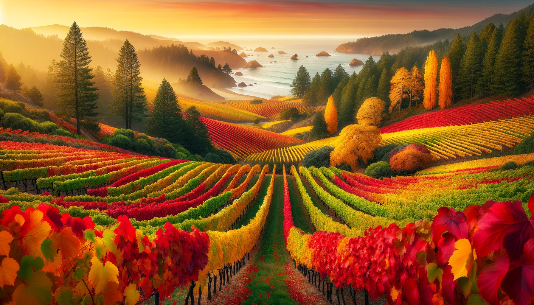 A panoramic view of a vibrant vineyard in early November, capturing leaves in the rasta hues of reds, greens, and golds, extending towards the Pacific Ocean