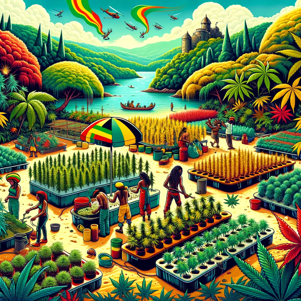 Illustrate the vibrant and diverse cannabis culture in Jamaica, capturing the essence of its rich heritage and lifestyle. The image should depict a lu