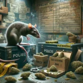 Depict a whimsical and slightly exaggerated scene in a police evidence room where curious rats are exploring and interacting with cannabis. The image
