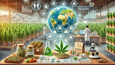 DALL·E 2024 08 31 14.23.27 An image showing the future of cannabis with a diverse range of elements. The scene includes a global map highlighting countries with legalized cannab